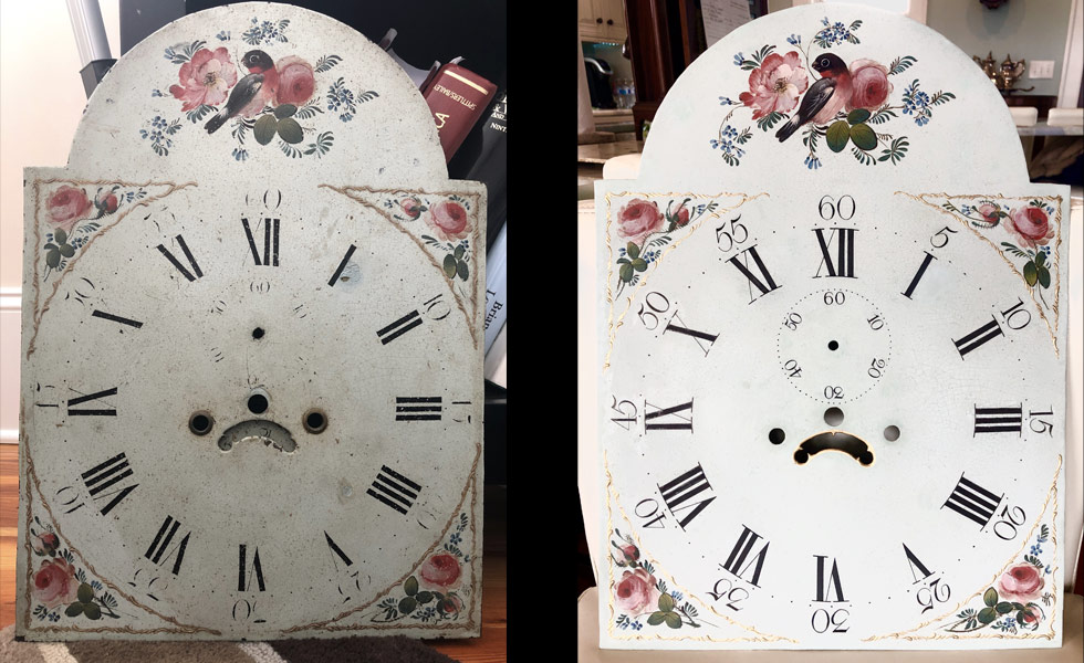 Birds painted dial before and after