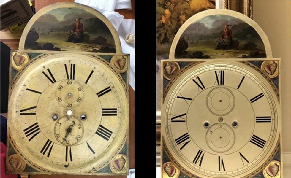 Fisherman with Shells painted dial before and after