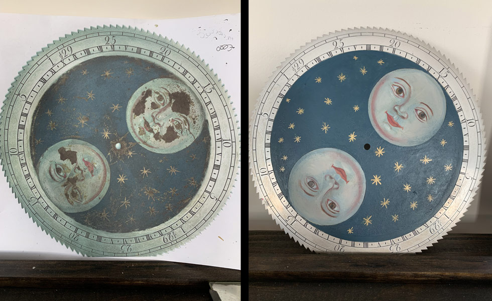 Grey painted moon dial before and after