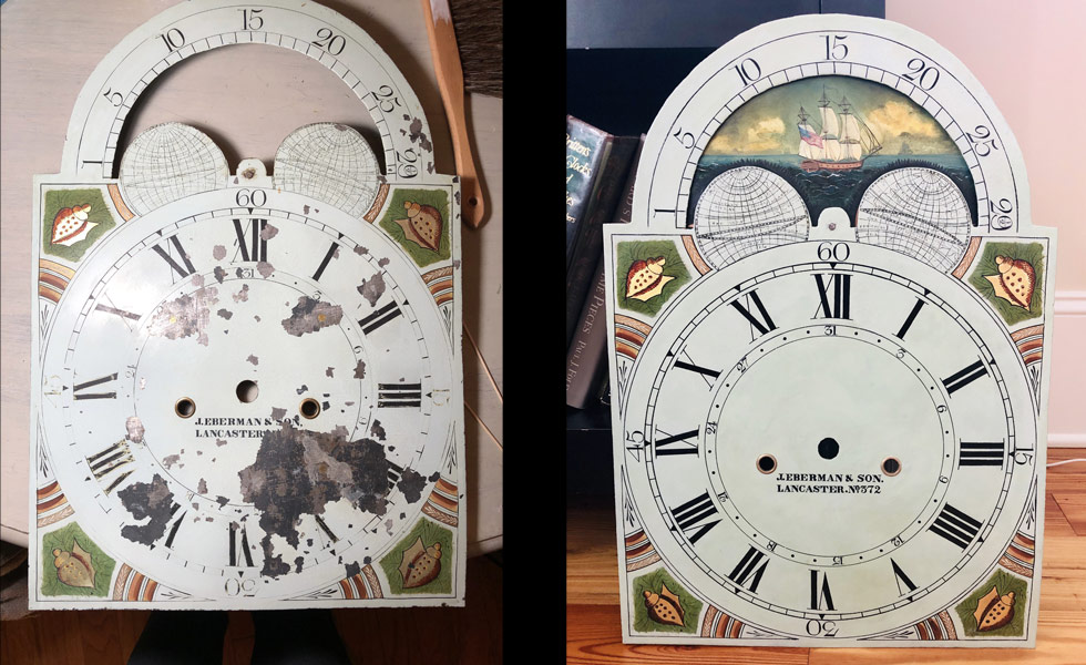 J Eberman and Son painted dial before and after