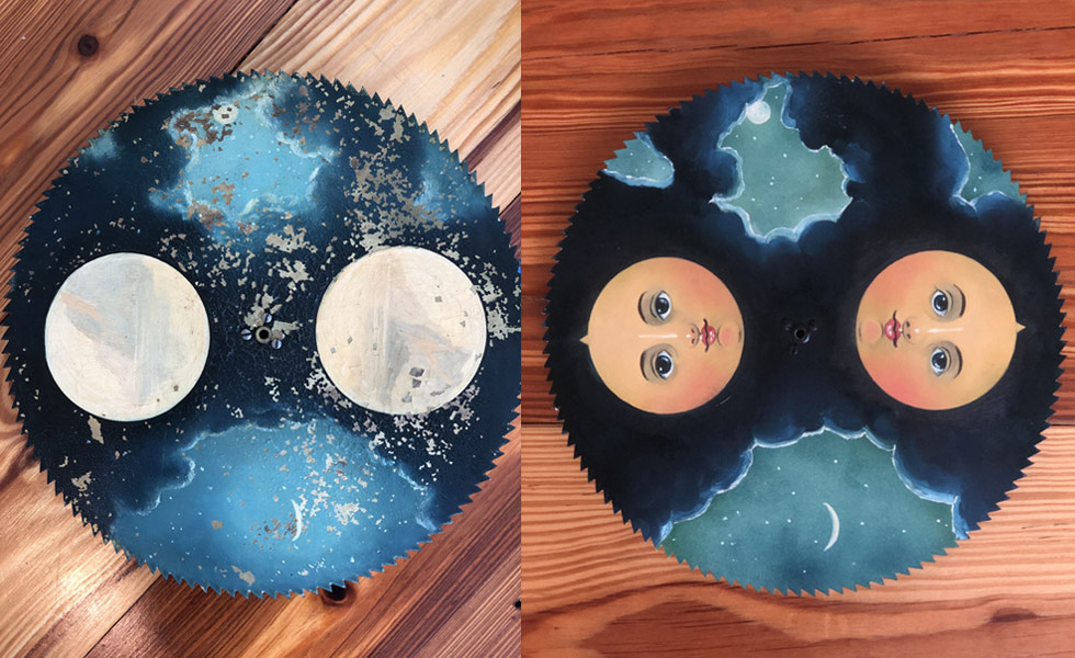 Night Sky painted moon dial before and after