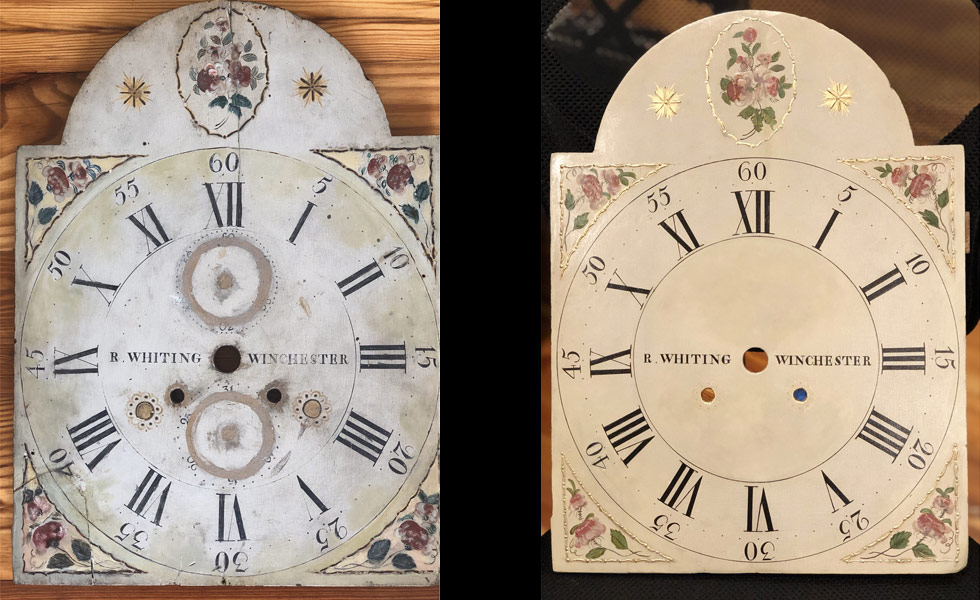 R Whiting painted dial before and after