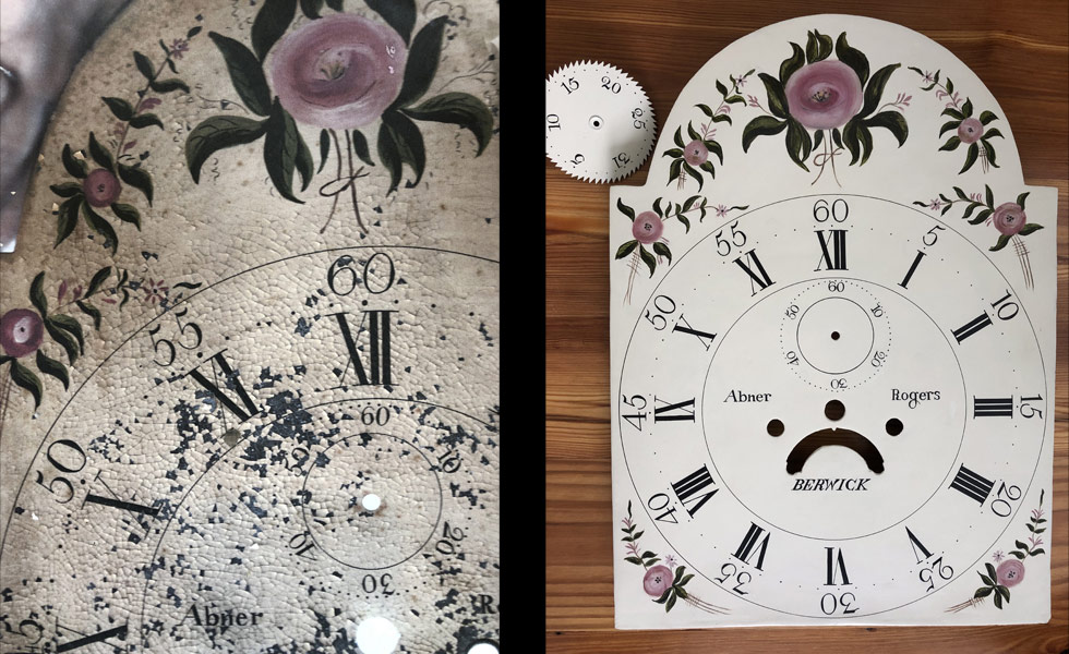 Roses painted dial before and after