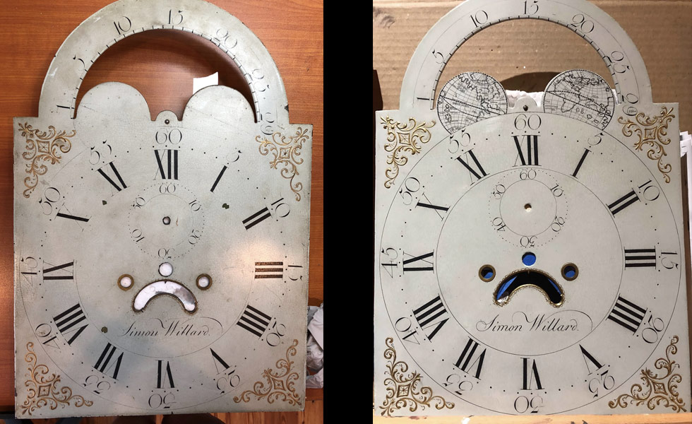 Simon Willard painted dial before and after