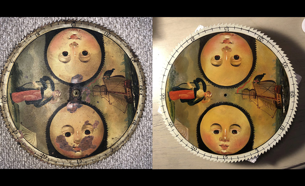 Simon Willard painted moon dial before and after