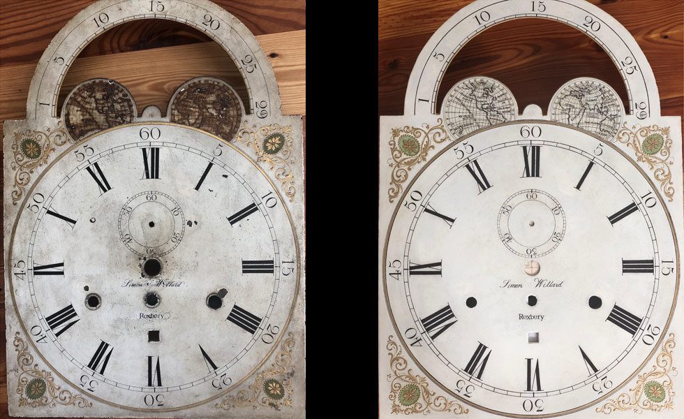 Simon Willard Roxbury painted dial before and after