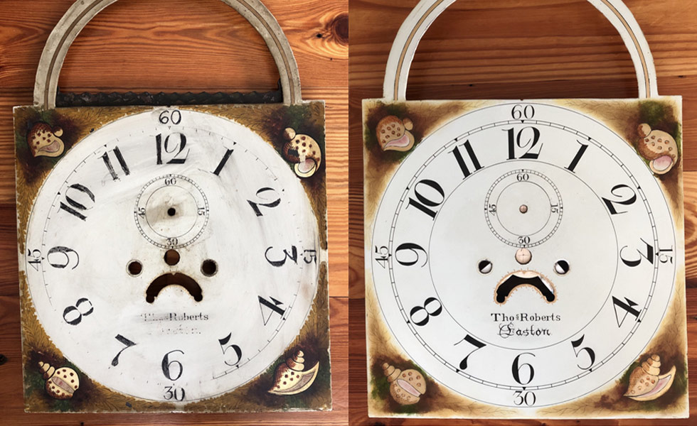 Thomas Roberts ship clock painted dial before and after