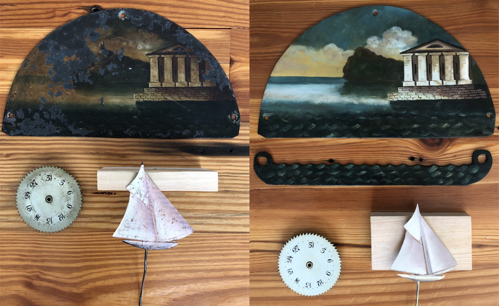 Thomas Roberts ship clock painted dial parts before and after