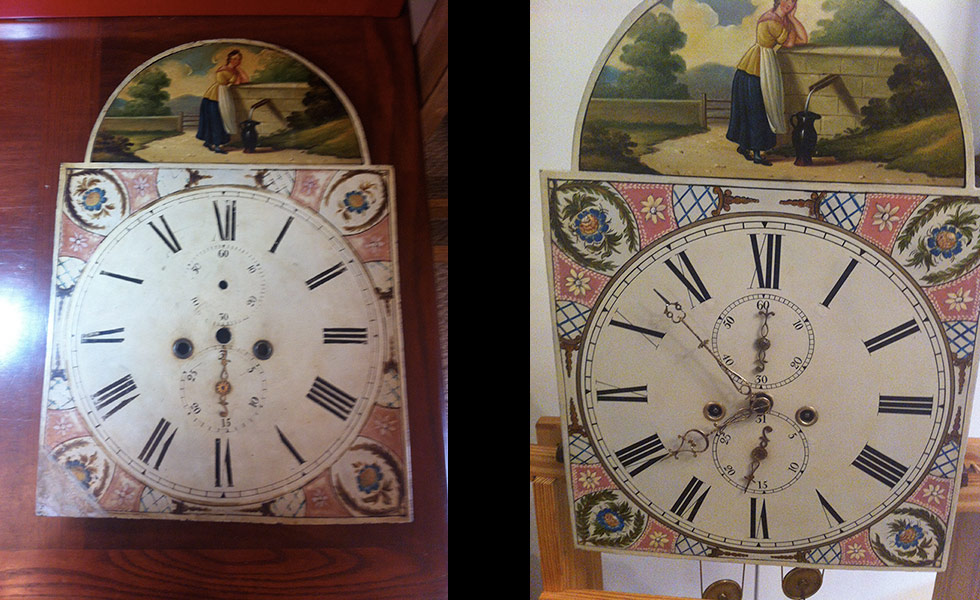 Scottish Tall Case 1830s dial before and after